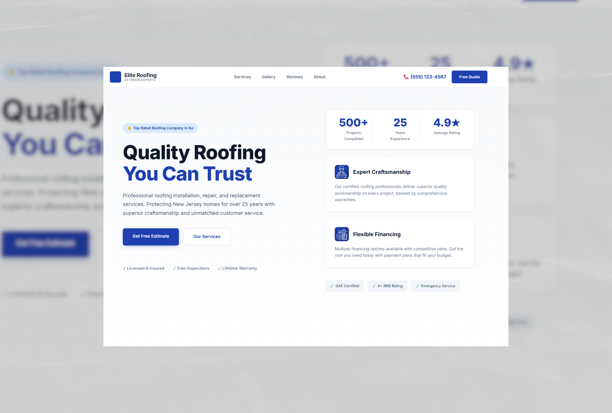 Elite Roofing website design project screenshot