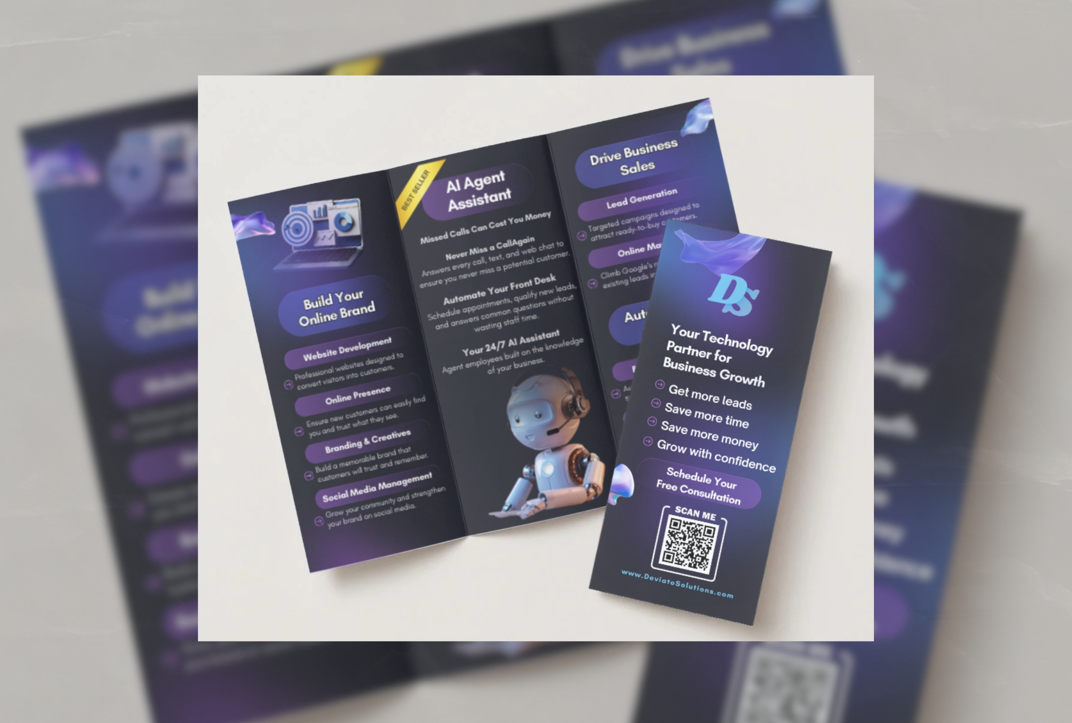 Deviate Solutions AI Agent Assistant tri-fold brochure design mockup