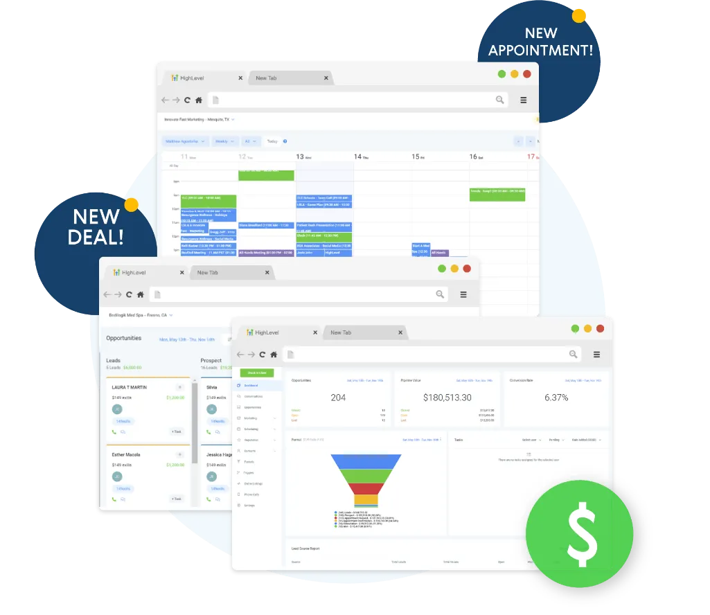 CRM and marketing automation dashboard screenshot showing pipeline and appointments