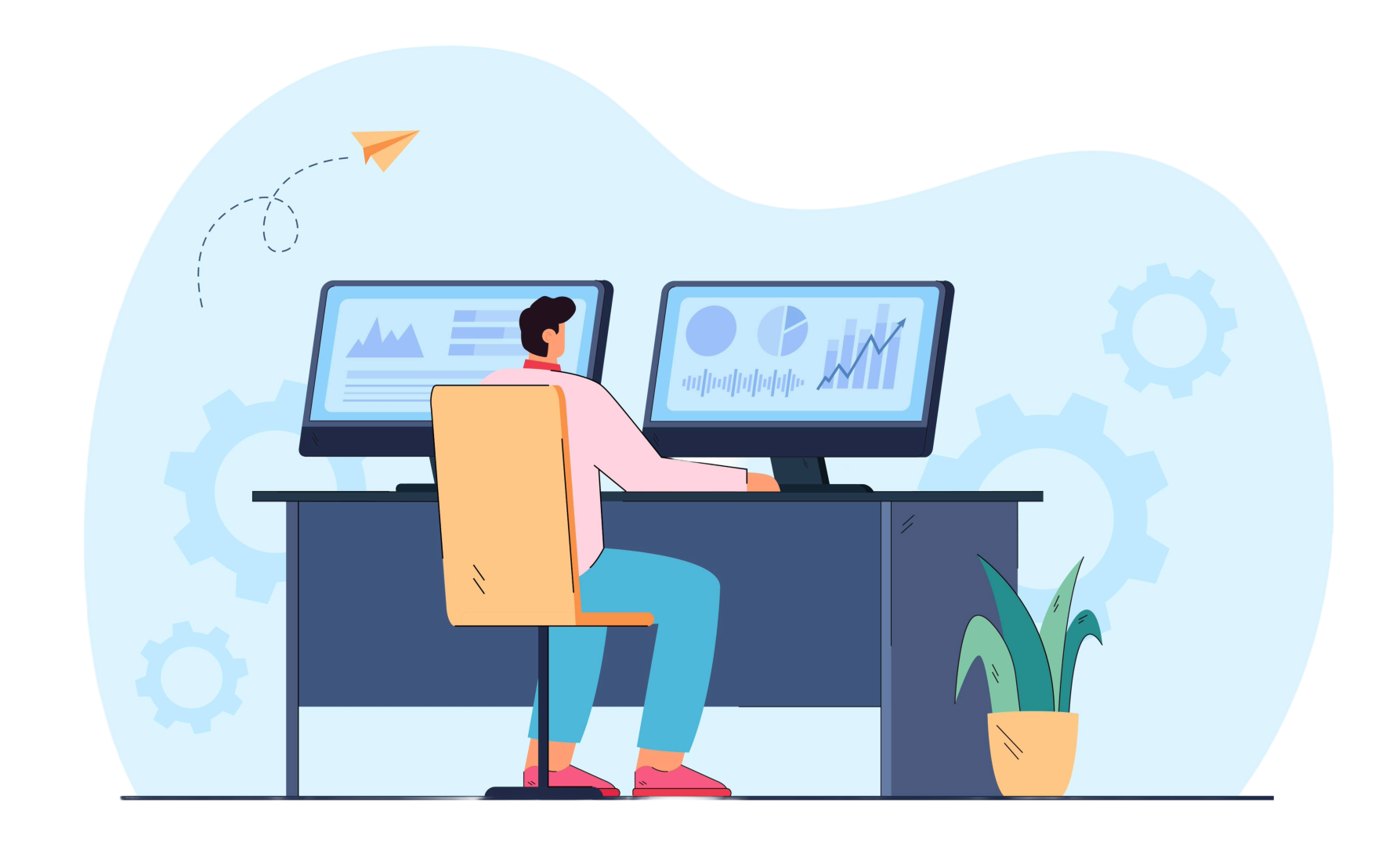 Illustration of a person analyzing business data on dual monitors